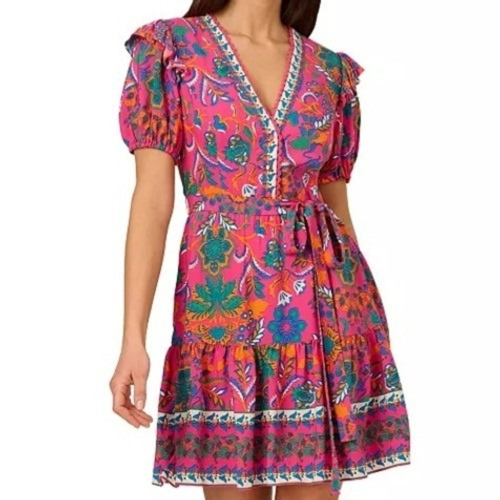 Adrianna Papell Printed Puff Sleeve Mini V Neck Belted Dress Womens Size 12 NWT